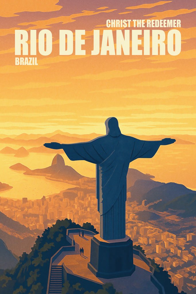 Illustration of Christ the Redeemer statue in Rio de Janeiro, Brazil, at sunset overlooking the city and sea.