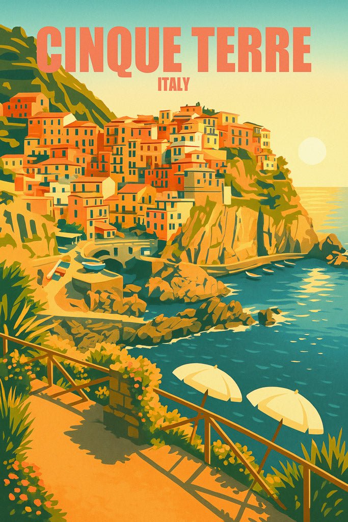 Illustrated view of Cinque Terre, Italy with colourful cliffside houses and ocean at sunset, in a vintage travel poster style.