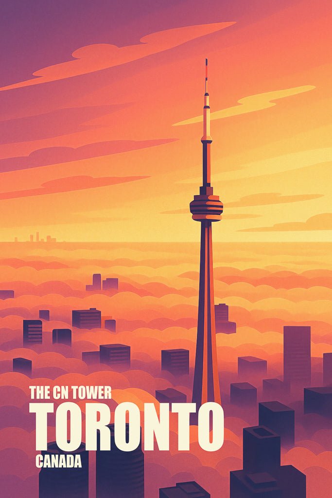 Vintage travel poster of برج سي إن (CN Tower) in Toronto, Canada, rising above the city in a golden sunset fog. Retro color palette with urban silhouettes.