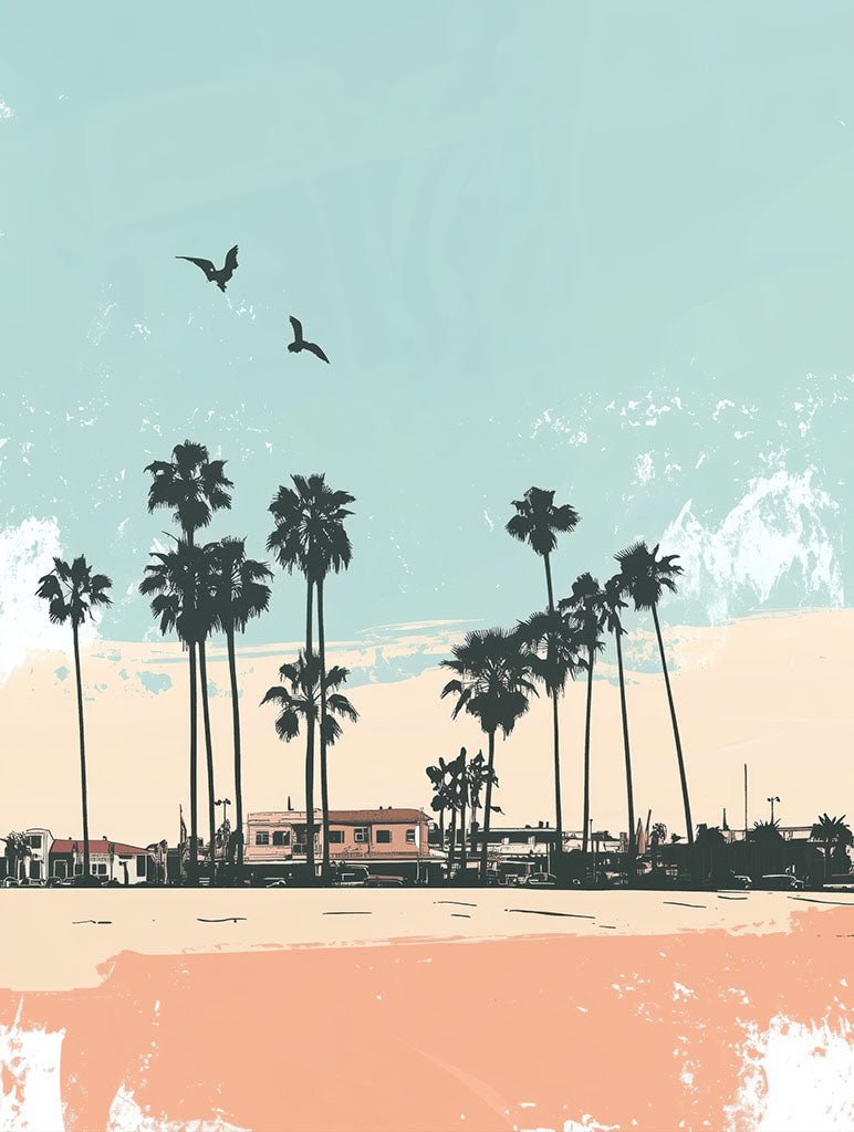 A pastel-toned art print featuring palm trees and birds with a serene beach scene, capturing the peaceful vibe of coastal life.