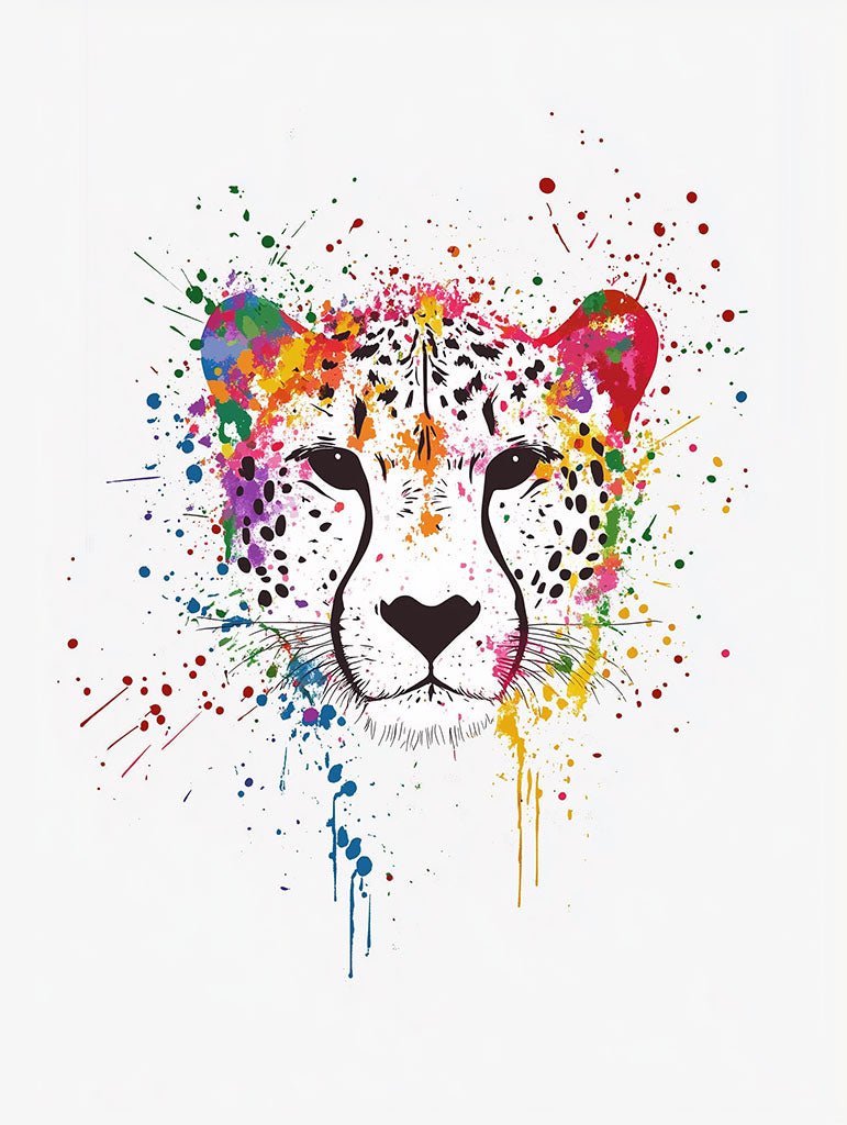 A vibrant art print of a cheetah’s face, surrounded by colourful paint splashes, capturing the animal’s power and grace in a modern, abstract style.