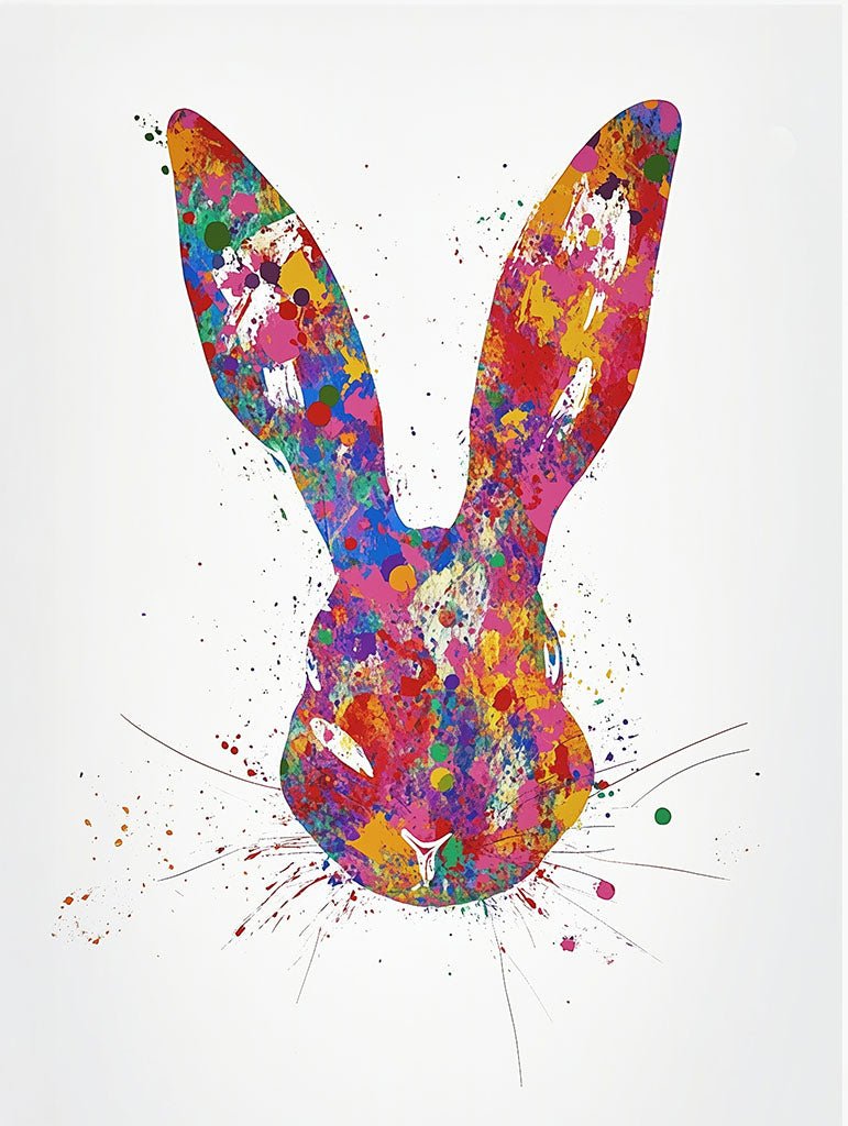 A colourful art print of a rabbit silhouette, surrounded by vibrant paint splashes, capturing its playful and energetic spirit in an abstract style.