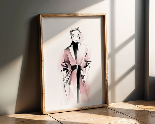 Confidence in Blush" by FN Prints is a framed fashion illustration of a woman in a light pink coat. Minimalist and sketched, this wall art stands upright against a sunlit wall, with gentle shadows enhancing its elegant style.