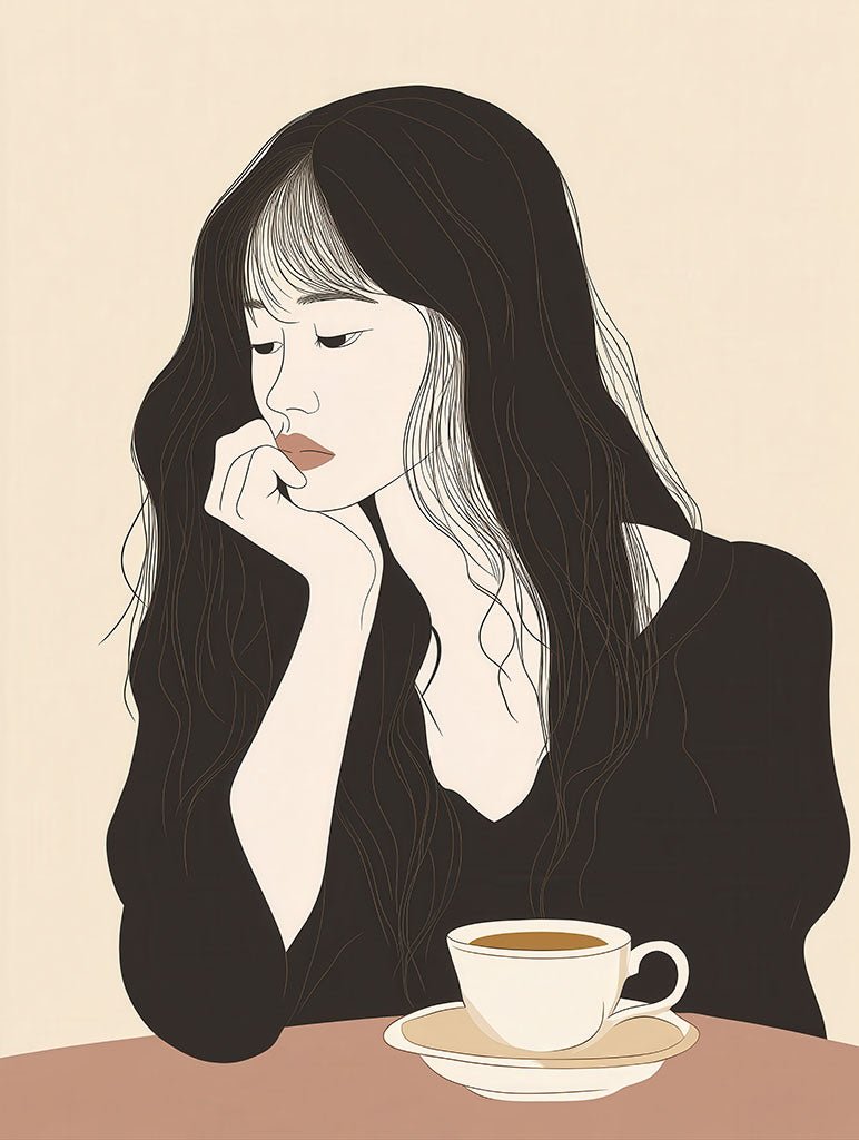 A minimalist art print of a woman thoughtfully resting her chin on her hand, with a cup of coffee, capturing a moment of quiet reflection.