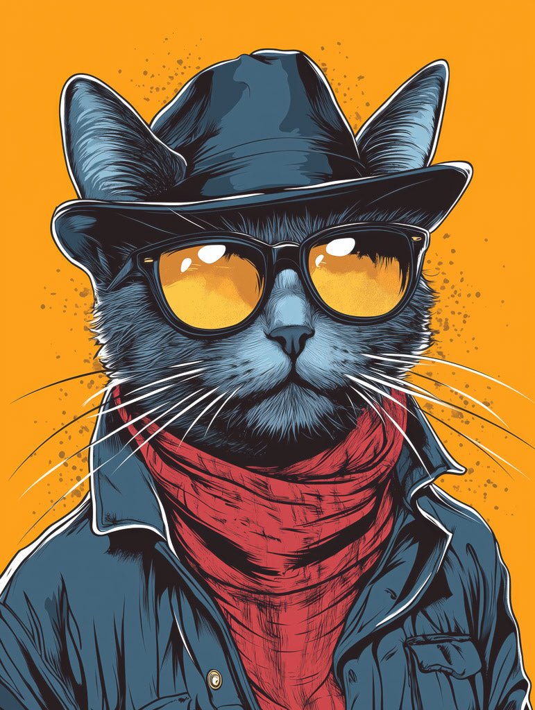 Illustrated cat wearing a cowboy hat, yellow sunglasses, and red bandana on orange background.