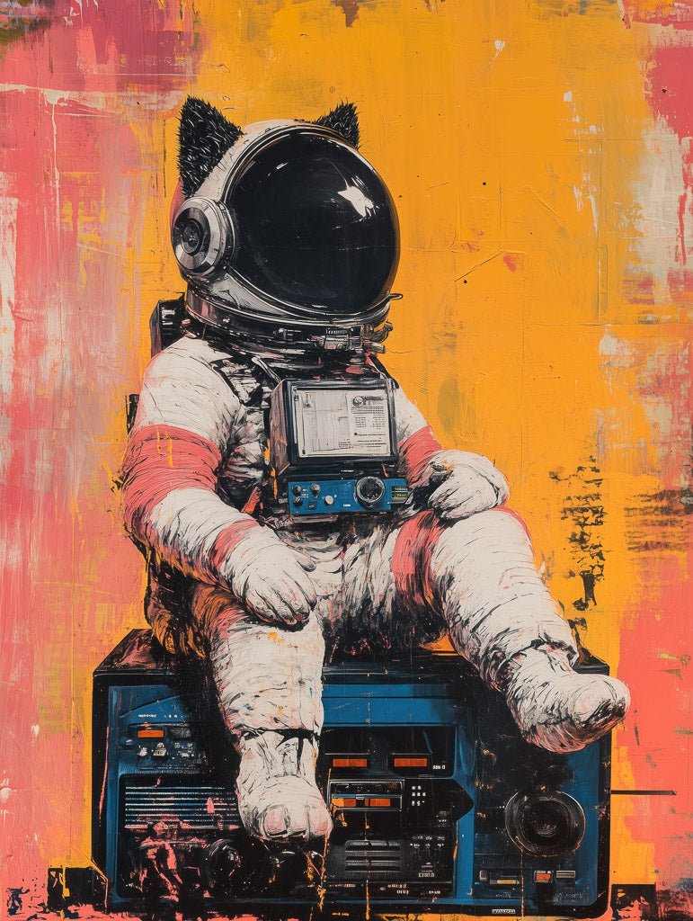Illustration of a cat in an astronaut suit sitting on a retro stereo against a yellow and pink textured background.