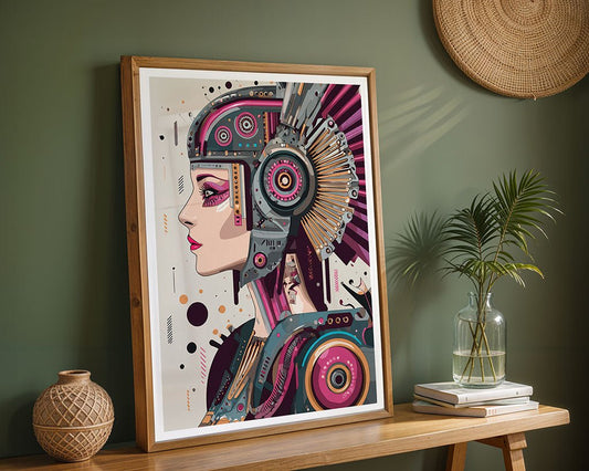 The "Cyber Amazon" by FN Prints is a framed modern artwork featuring a stylized female cyber warrior in futuristic armor with geometric details, displayed on a wooden table with greenery and decor, set against a green wall.
