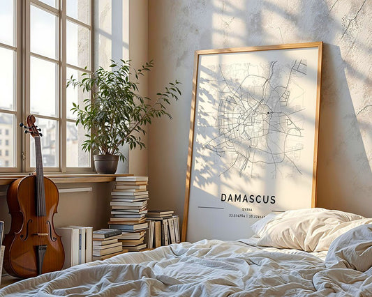 A sunlit bedroom with an unmade bed features the FN Prints Damascus City Map minimalist print leaning against the wall, a potted plant on books by the window, and a violin resting on the floor.