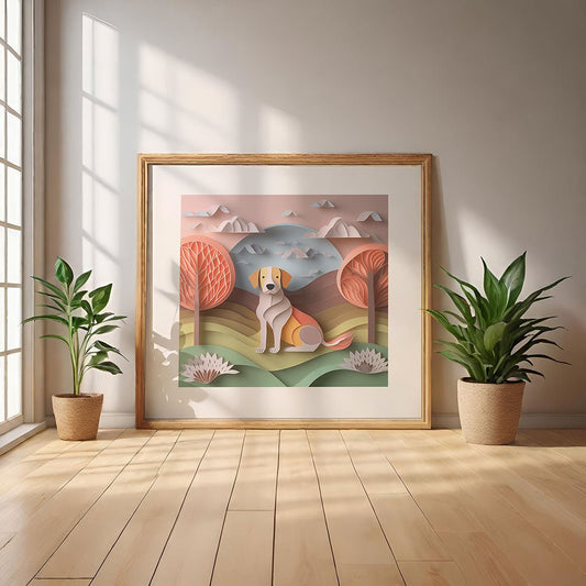 A framed FN Prints digital art piece titled "D'Artagnan The Dog" depicting a dog in a colorful landscape with mountains and trees leans against the wall, making it ideal for children's rooms. Flanking it on the wooden floor are two potted plants, as sunlight streams through a nearby window, creating gentle shadows and enhancing the whimsical magic.