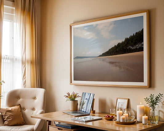 A tidy home office features a wooden desk, open laptop, candles, plants, and a framed "Deserted Beach" photograph by FN Prints on the wall. Soft natural light streams in through sheer curtains from a nearby window.