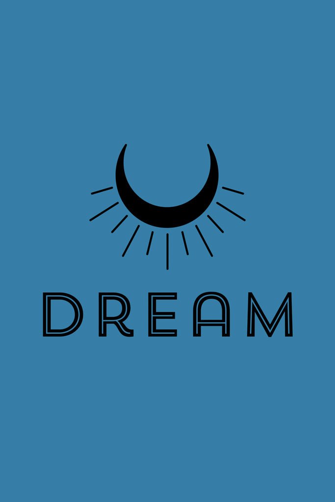 A crescent moon graphic with rays extending outward is positioned above the word "Dream" in bold, decorative letters. This motivational poster by FN Prints makes a perfect addition to bedroom decor or creative studios, all set against a solid teal background.