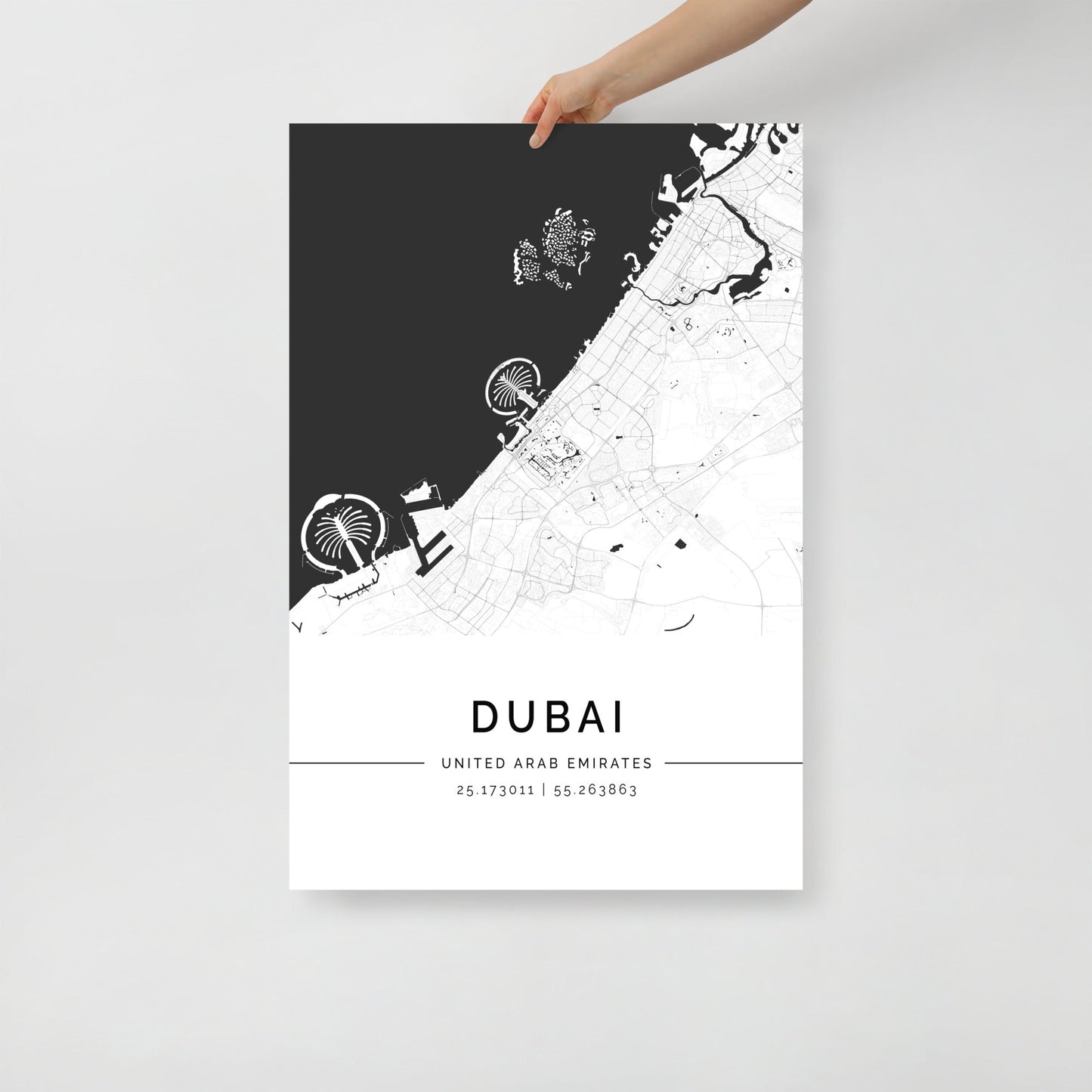 Dubai City Map poster with black and white design