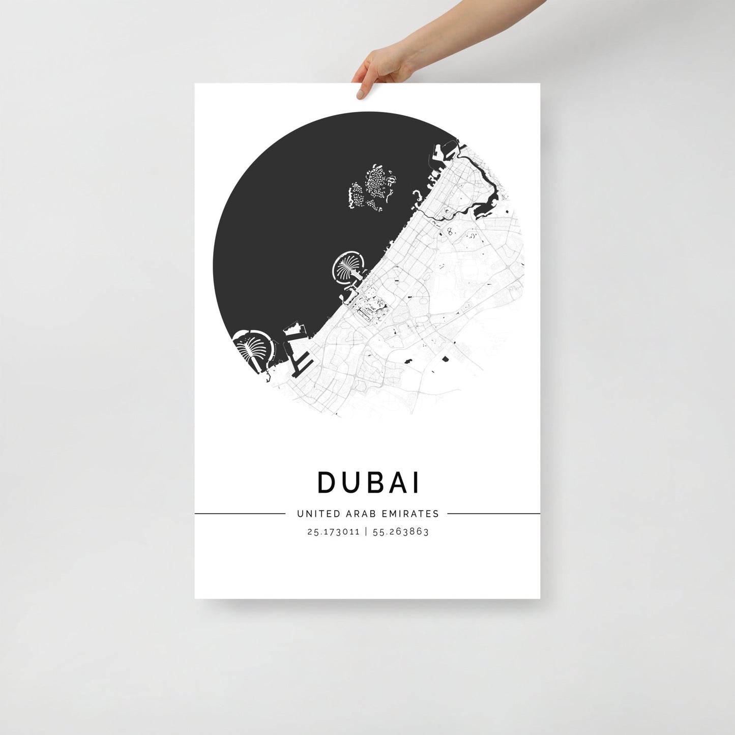 Dubai City Map poster with black and white design