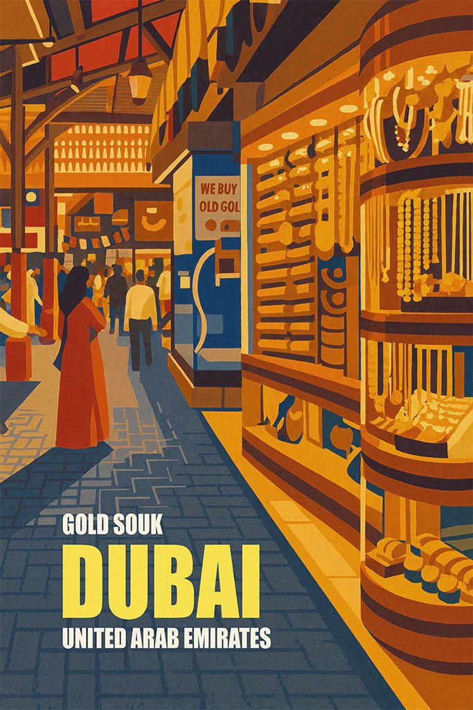 Illustration of a Gold Souk in Dubai with people shopping and gold jewelry on display.