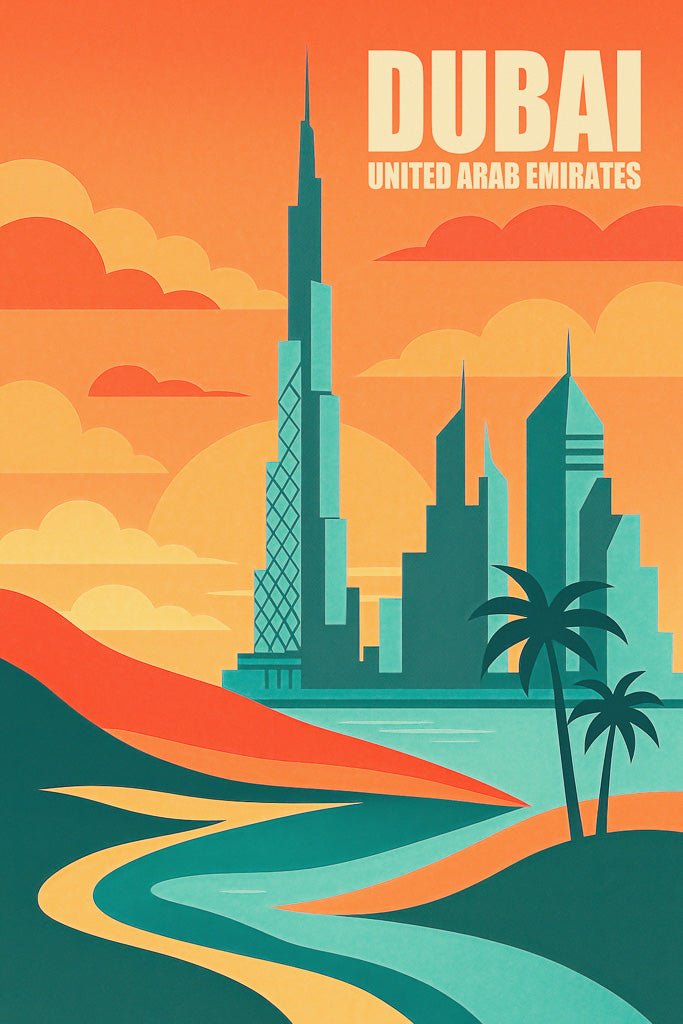 Retro-style illustration of Dubai skyline with Burj Khalifa and desert curves in warm tones.