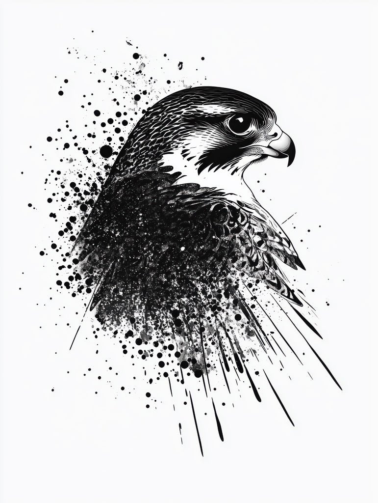 An abstract ink art print of a falcon, with splashes of ink radiating from the bird, symbolizing motion and power.