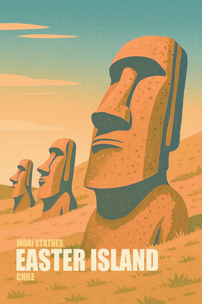 Retro poster-style illustration of Moai statues on Easter Island, Chile, with English text overlay.