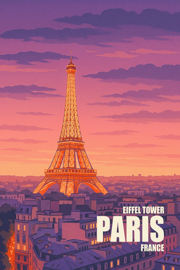 Illustrated Eiffel Tower glowing at twilight over Paris rooftops with English text.
