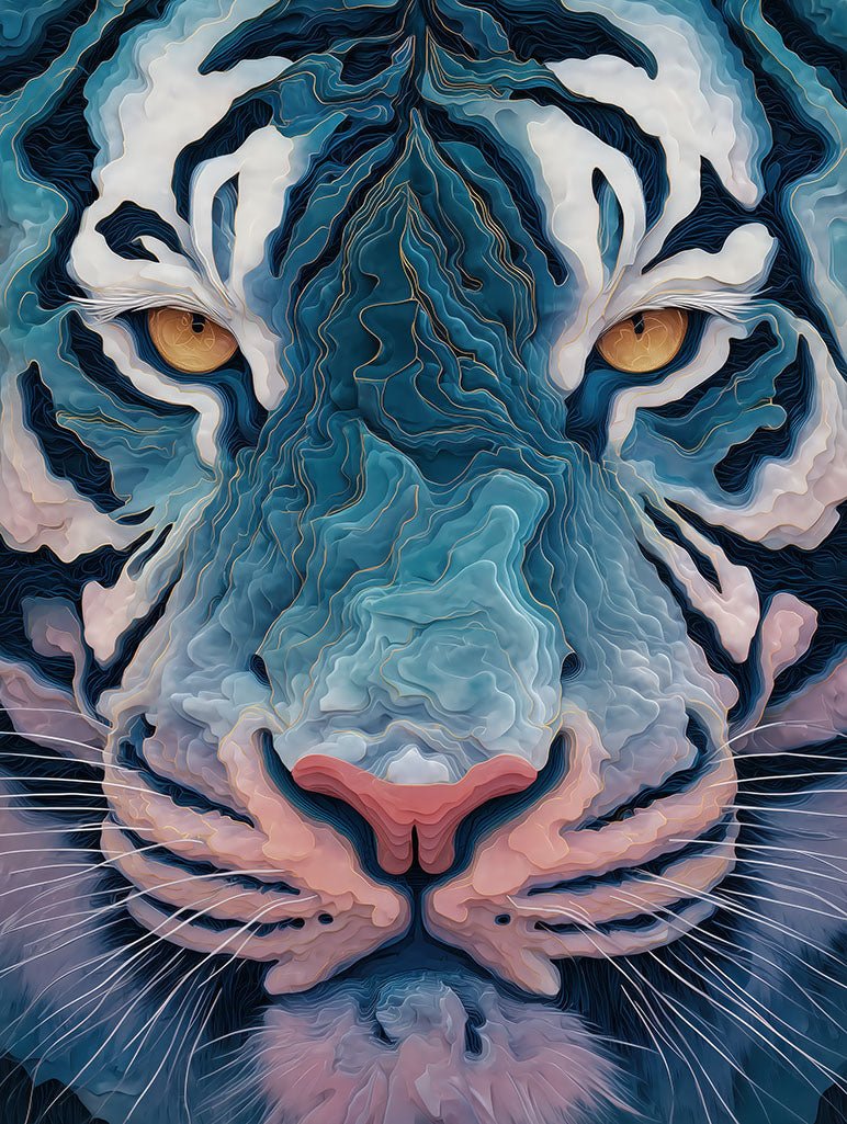 Electric Gaze by FN Prints is a modern wall art featuring a close-up digital tiger face with golden eyes, pink nose, and swirling blue, white, and pink lines—perfect for making a bold statement.