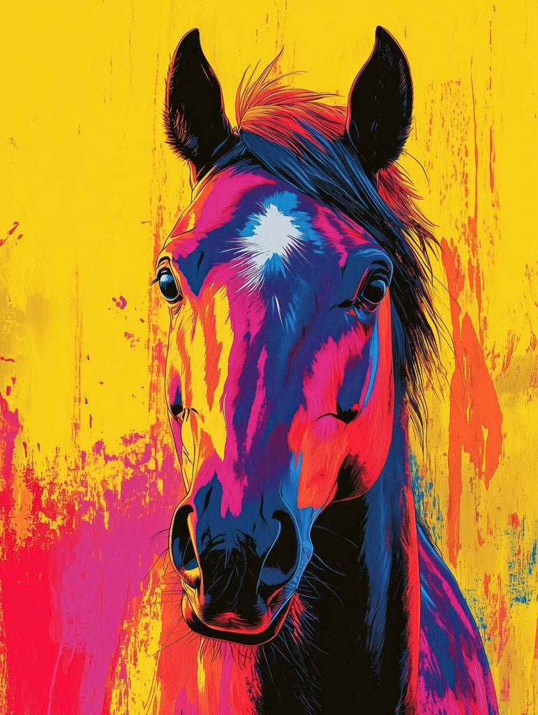 Neon pop art horse portrait with bold pink, orange, and blue tones against a bright yellow background.