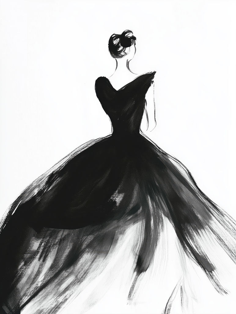 A minimalist art print of a figure in a black dress, captured in fluid black strokes, evoking elegance and grace.