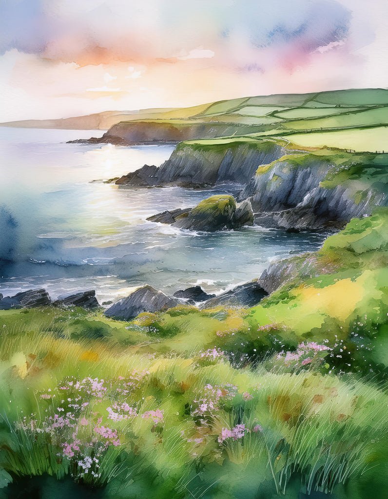 The "Emerald Isle Coastline" by FN Prints exquisitely captures the natural beauty of the coastline at sunset, showcasing rolling green hills that lead to dramatic cliffs plunging into a calm, reflective sea. Wildflowers in the foreground sprinkle vibrant colors across the lush, grassy landscape beneath a soft pastel sky.