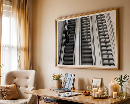 A home office with a desk, laptop, candles, and plants. An armchair sits by the window with beige curtains. Above the desk hangs "Escalator Ride," evocative monochrome photography by FN Prints.