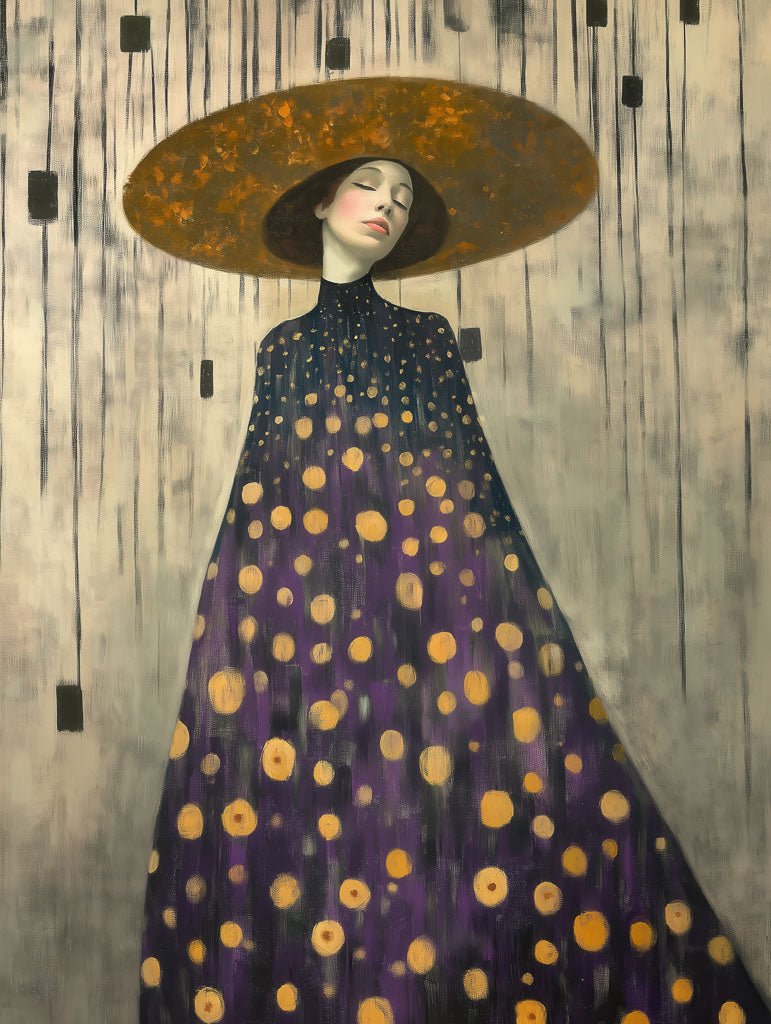 The "Ethereal Elegance: A Tribute to Klimt" by FN Prints showcases a surreal painting of a person with closed eyes, wearing an expansive circular hat and a flowing robe embellished with yellow polka dots. The background is composed of vertical black lines and rectangles on a muted beige canvas, making it perfect for artistic decor.