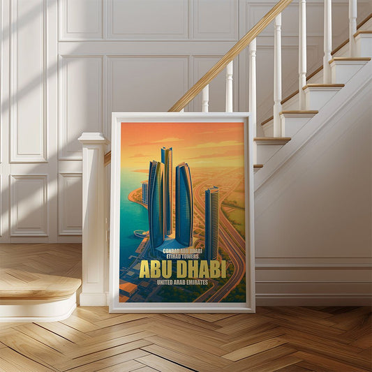Framed poster of Abu Dhabi with modern buildings in a home setting.