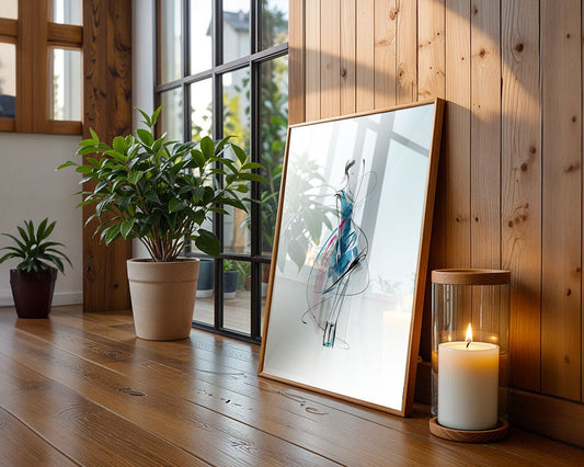 Feminine Flow" by FN Prints is a framed abstract fashion artwork of a ballerina, leaning against a wooden wall near a large potted plant and candle, adding striking modern wall decor to your space.