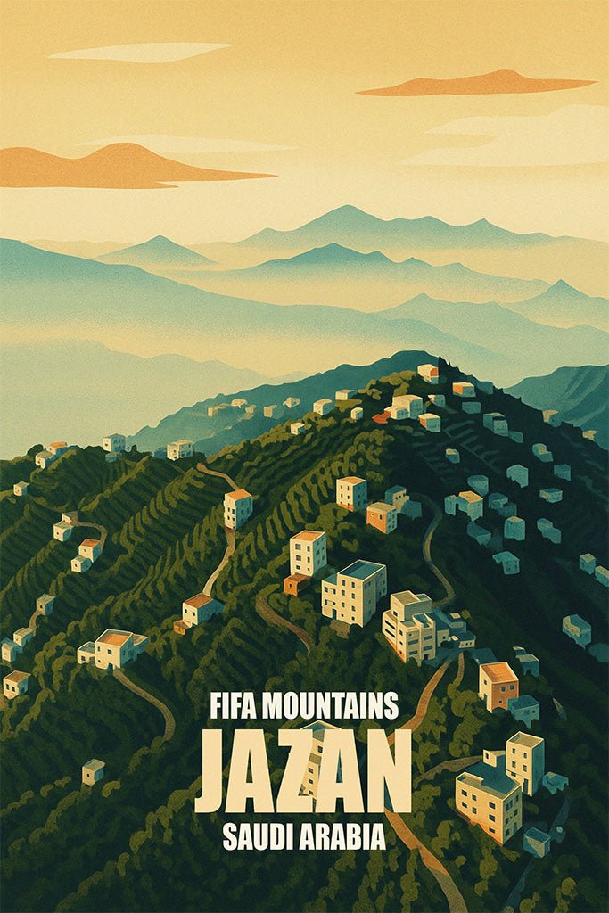 Illustration of a mountainous landscape with buildings and the text 'FIFA Mountains Jazan Saudi Arabia'.