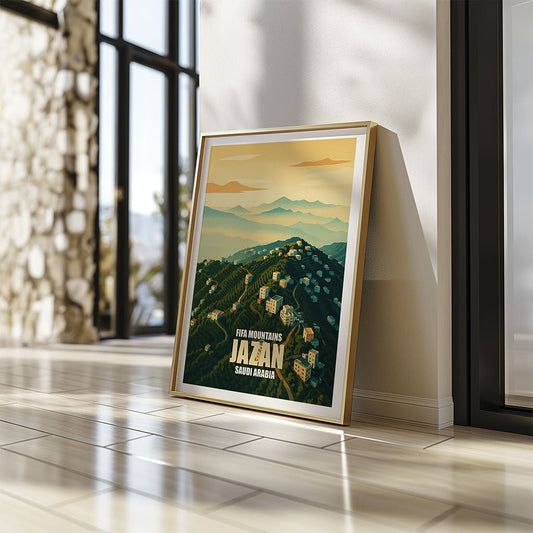 Framed poster of a mountainous landscape with 'Jazan' text on a wall.