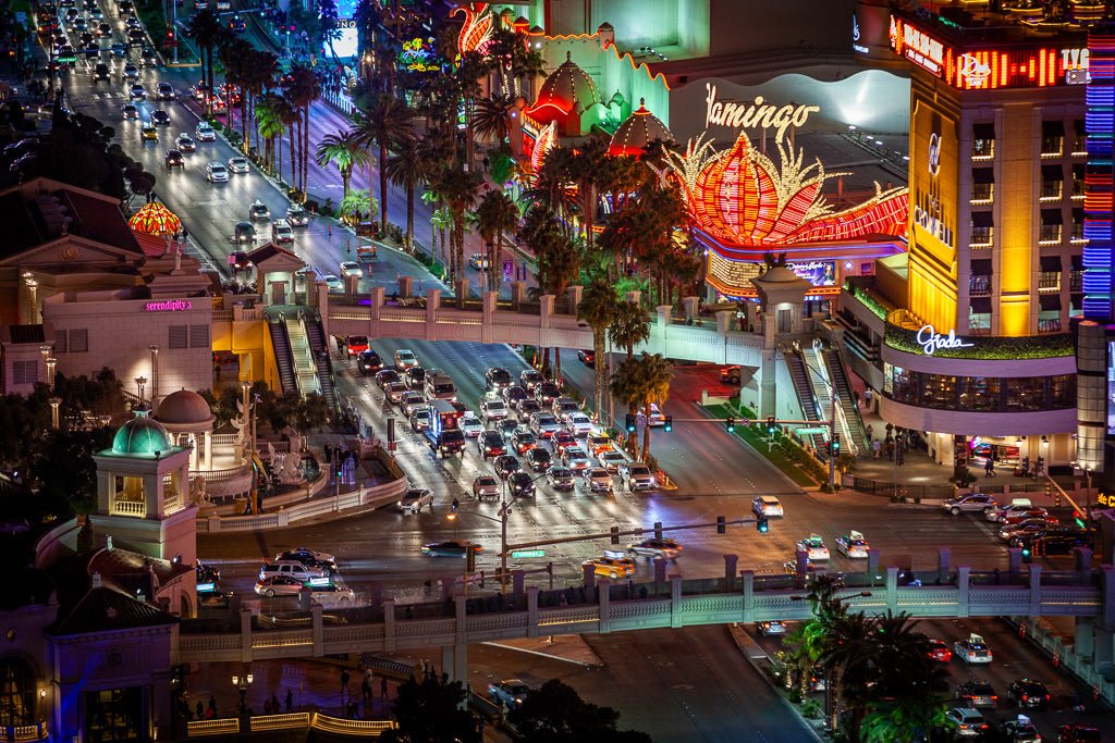 Las Vegas at Night opposite the bellagio fountain of the Las Vegas Strip.