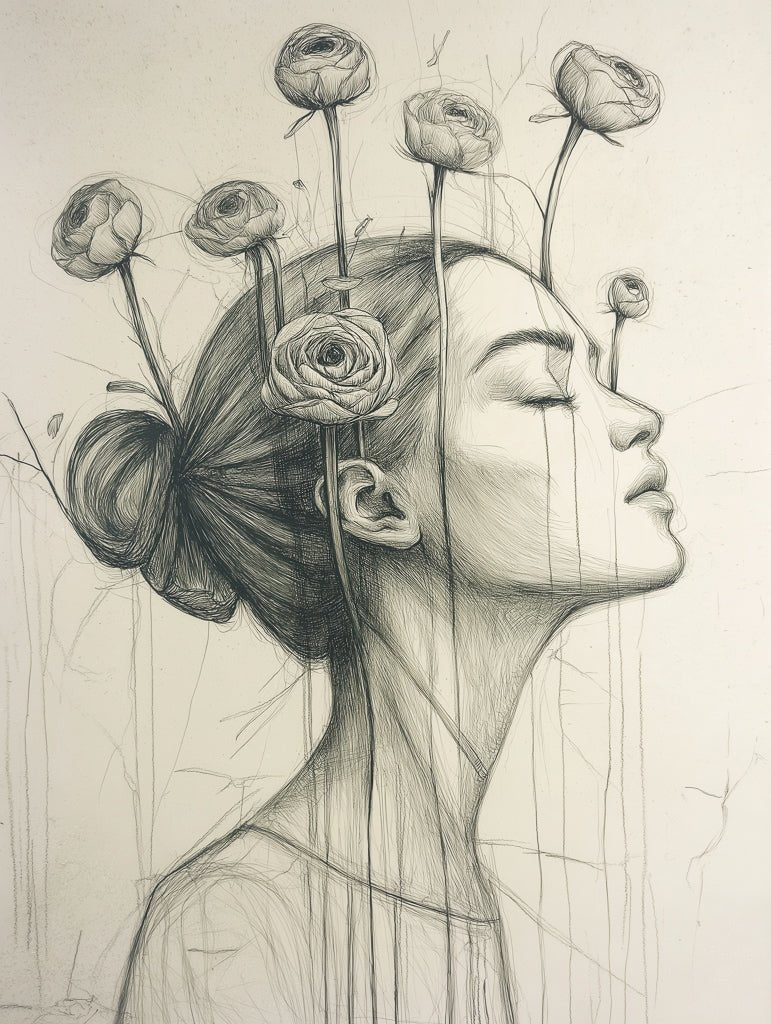 Presenting "Floral Dreams" by FN Prints: a detailed pencil sketch portraying a woman in profile with her eyes gently closed. Her hair is styled into an elegant bun, adorned with blooming flowers that illustrate the harmonious blend of nature and human spirit. This artwork offers a surreal and serene ambiance, making it an elegant focal point for any space.