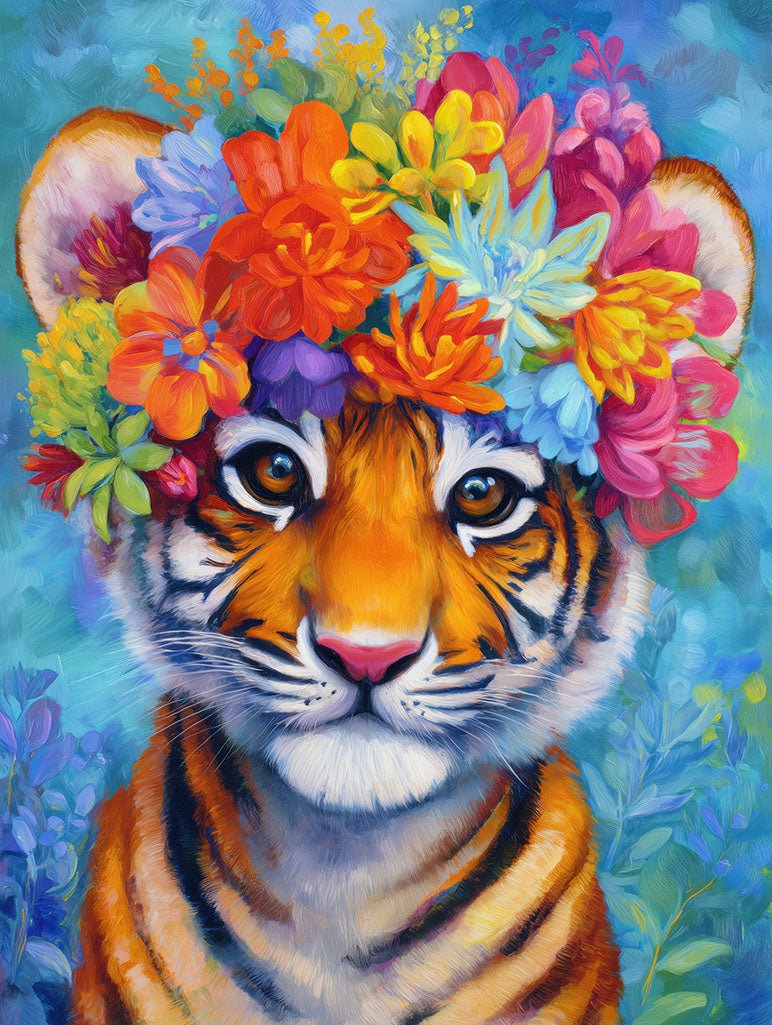 Floral Tiger by FN Prints features a tiger cub with orange and black stripes in a flower crown, set among bright blossoms on a blue-green background—ideal as baby tiger wall art or a floral nursery print.