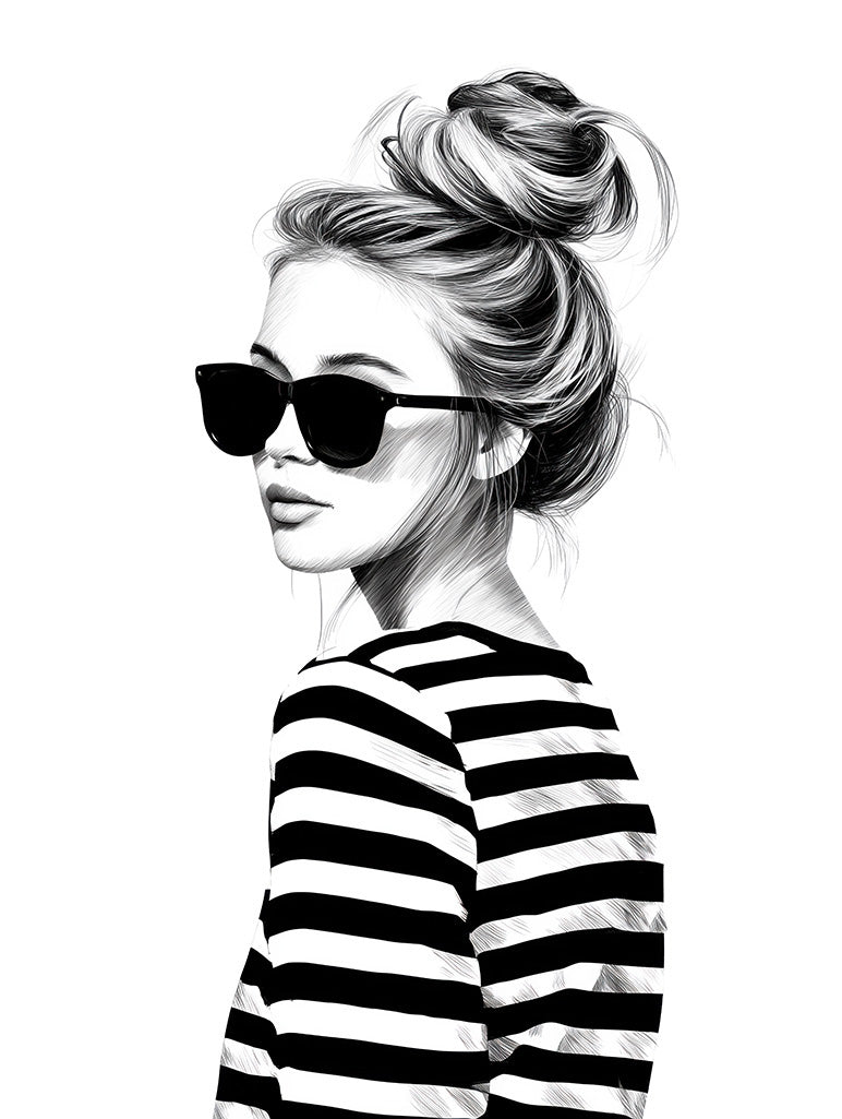 French Girl Energy" by FN Prints: a chic black and white illustration of a woman in sunglasses and a striped shirt, messy bun, looking over her shoulder—fashion wall art inspired by classic French style.