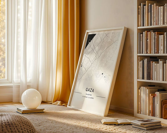 A cozy room with a minimalist aesthetic features an FN Prints Gaza City map leaning against the wall, a bookshelf filled with books, a round white lamp on the floor, thick carpeting, and sunlight streaming through sheer curtains.