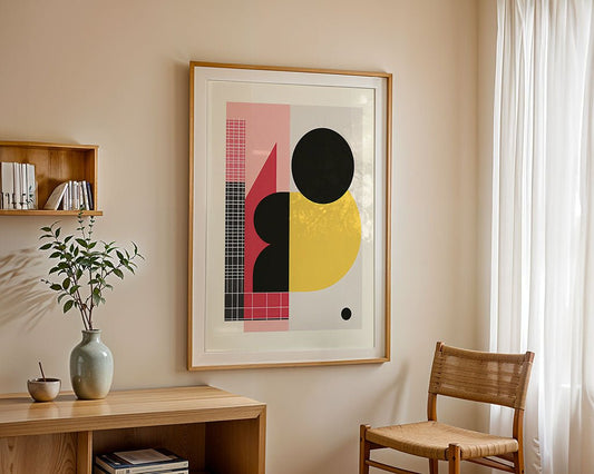 A living room corner displays modern aesthetics with FN Prints' "Geometric Harmony," a framed abstract art piece in black, yellow, pink, and white. Below is a wooden console adorned with a vase, branch, and bowl. A wooden chair is to the right near a window with soft white curtains.