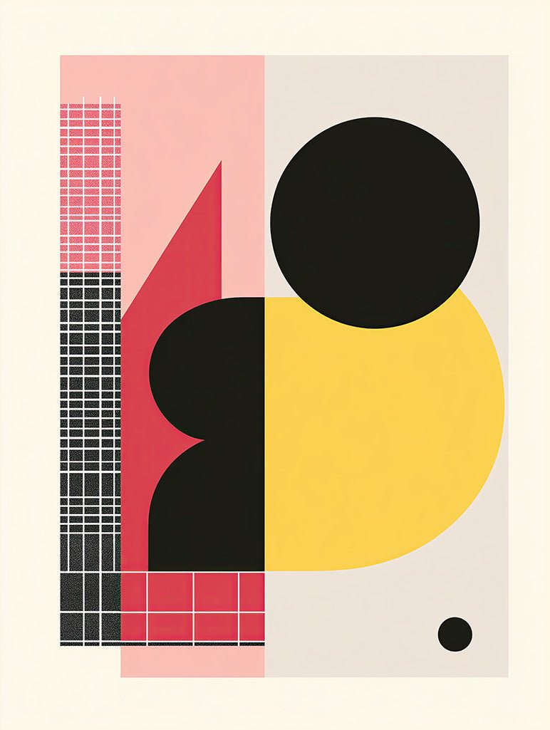 The "Geometric Harmony" by FN Prints showcases modern abstract art with a large black circle and yellow semicircle at its center. Red, pink triangles, grids, and rectangles decorate the left side against a light beige background, featuring a small black dot in the lower right corner.
