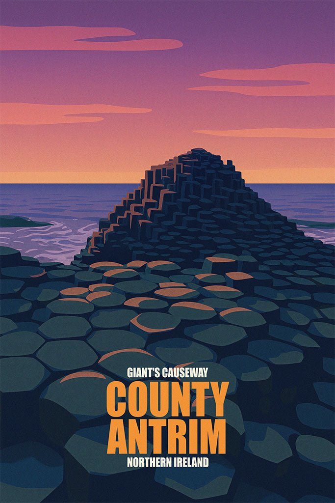 Illustration of Giants Causeway with text overlay on a purple sky background