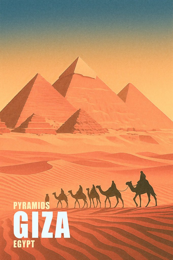 Vintage-style illustration of Egypt’s Giza Pyramids at sunset with camels crossing the desert in the foreground.