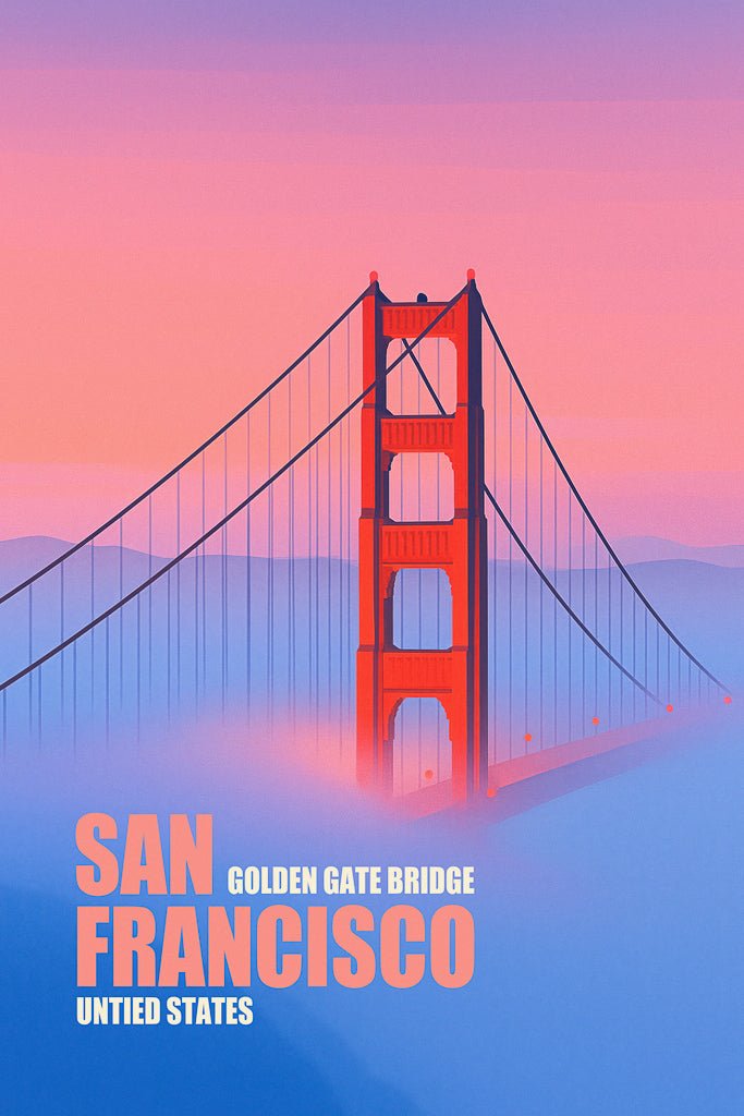 Golden Gate Bridge illustration emerging from fog with English text.
