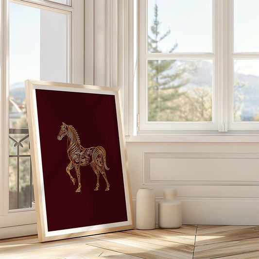 FN Prints’ “Golden Horse” Arabesque wall decor rests framed against a white wall beside a window, paired with two cream vases. Lush trees are visible outside, completing this elegant scene.