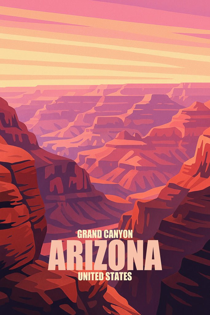 Illustration of Grand Canyon rock formations in sunset light with English text.
