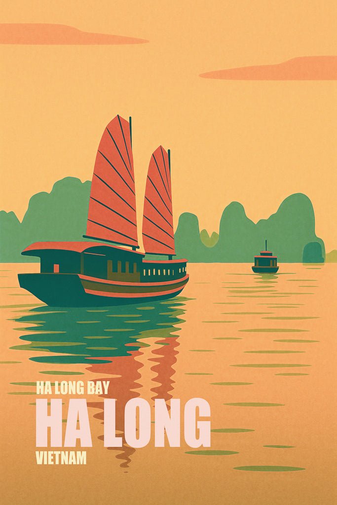 Illustrated travel poster of Ha Long Bay, Vietnam, with sailboats and limestone karsts under a sunset sky, English place names included.