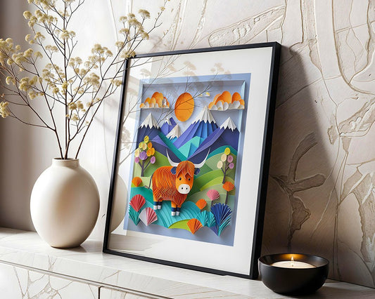 A framed digital artwork titled "Harrison The Highland Cow" by FN Prints features a stylized, colorful Scottish Highlands landscape with mountains, a sun, clouds, and an adorable cartoonish ginger highland cow. It stands on a white shelf alongside a white vase with dried flowers and a small candle.