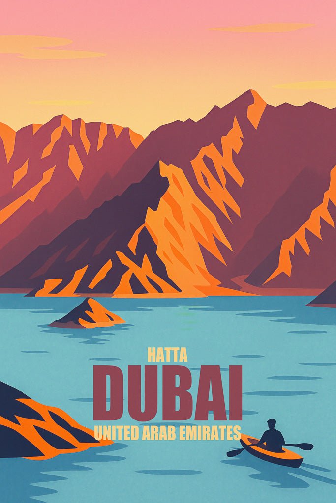 Illustration of Hatta lake in Dubai, UAE, with bold red mountains and a kayaker at sunset, English place names included.