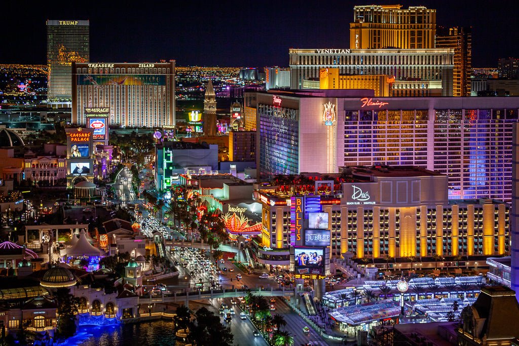 Las Vegas at Night opposite the bellagio fountain of the Las Vegas Strip.