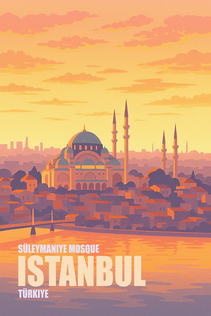 Illustrated travel poster of Istanbul’s Süleymaniye Mosque (مسجد السليمانية) at sunset with golden sky over the Bosphorus and Ottoman rooftops.