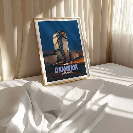 Framed poster of Damman Arabia on a white surface with curtains in the background